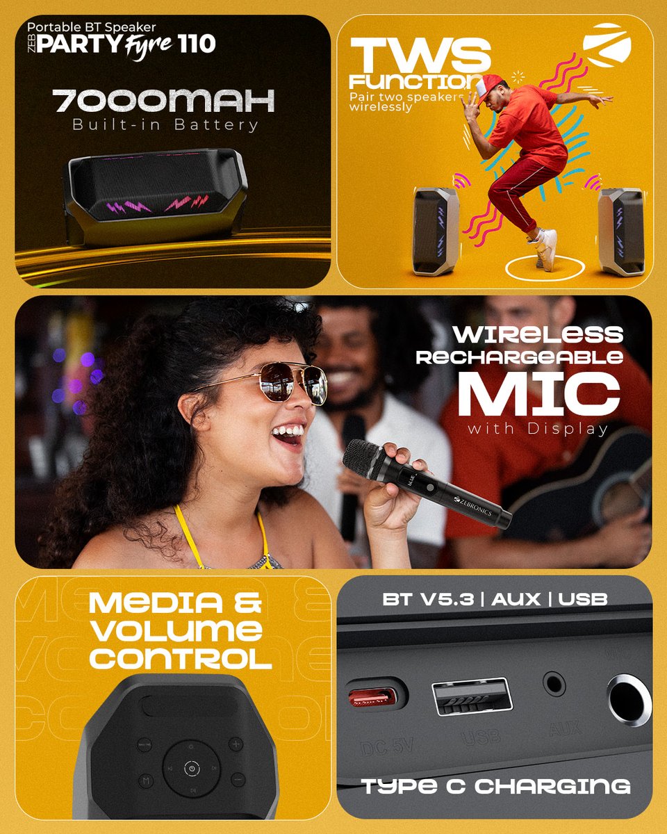 zebronics's tweet image. Louder. Bolder. Better. Turn every moment into a vibe. 🔊 Zebronics Party Fyre 110

#zebronics #AlwaysAhead #speaker #party