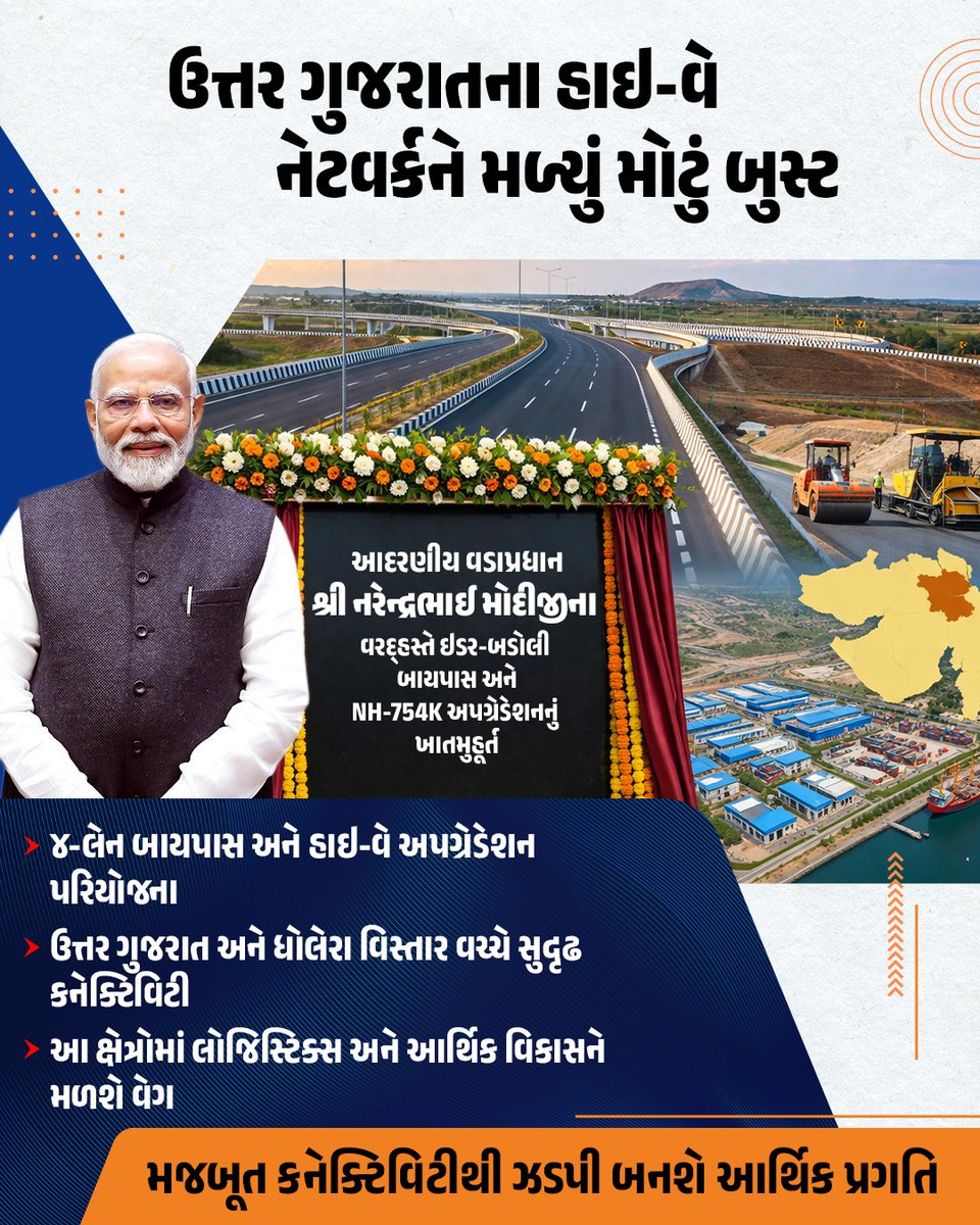 ઈડર-બડોલી બાયપાસ ઉત્તર ગુજરાત માર્ગ પરિવહનના નેટવર્કને એક નવી મજબૂતી આપશે તેમજ તેને સુરક્ષિત અને ઝડપી બનાવશે. આ પરિયોજનાથી અંતરિયાળ વિસ્તારોમાં કનેક્ટિવિટી વધશે અને વિકાસને નવી દિશા મળશે. #ViksitBharatViksitGujarat

<a href="/CMOGuj/">CMO Gujarat</a> <a href="/Bhupendrapbjp/">Bhupendra Patel</a> <a href="/InfoGujarat/">Gujarat Information</a> <a href="/GujPRHDept/">Panchayat, Rural Housing & Rural Dev. Department</a> <a href="/GujDCoffice/">Guj DCoffice</a>