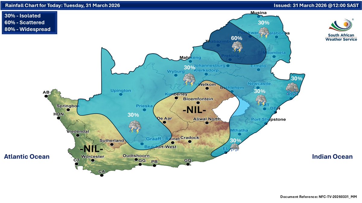 SAWeatherServic's tweet image. Weather forecast for today and tomorrow, 31 Mar 2026 - 01 Apr 2026:
Morning drizzle along the north-eastern escarpment, otherwise partly cloudy and cool to warm with isolated to scattered showers and thundershowers ⚠️ Severe thunderstorms
#saws #SAWeather #Warning #weatheroutlook