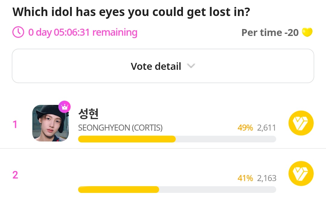 📢  MY1PICK  D-DAY ANNOUNCEMENT 

📈 Current Rank: #1
📊 Gap : 448
🕦 Deadline: 31st March (23:59 KST)
⏳ 5 hours left ⏳

→ start dropping votes from 23:50 KST ~
→ like &amp; repost

🔗
fsn-app.my1pick.com/app/link/theme…

#SEONGHYEON #성현 #CORTIS #코르티스