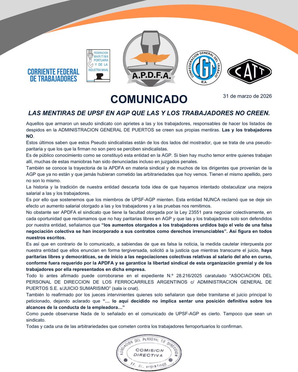 📢 COMUNICADO

Las y los trabajadores saben la verdad

Desde APDFA desmentimos las falsas versiones difundidas por UPSF en <a href="/AGPuertos/">AGP</a>  

Nuestra trayectoria, coherencia y defensa histórica de los derechos de los trabajadores y trabajadoras hablan por sí solas