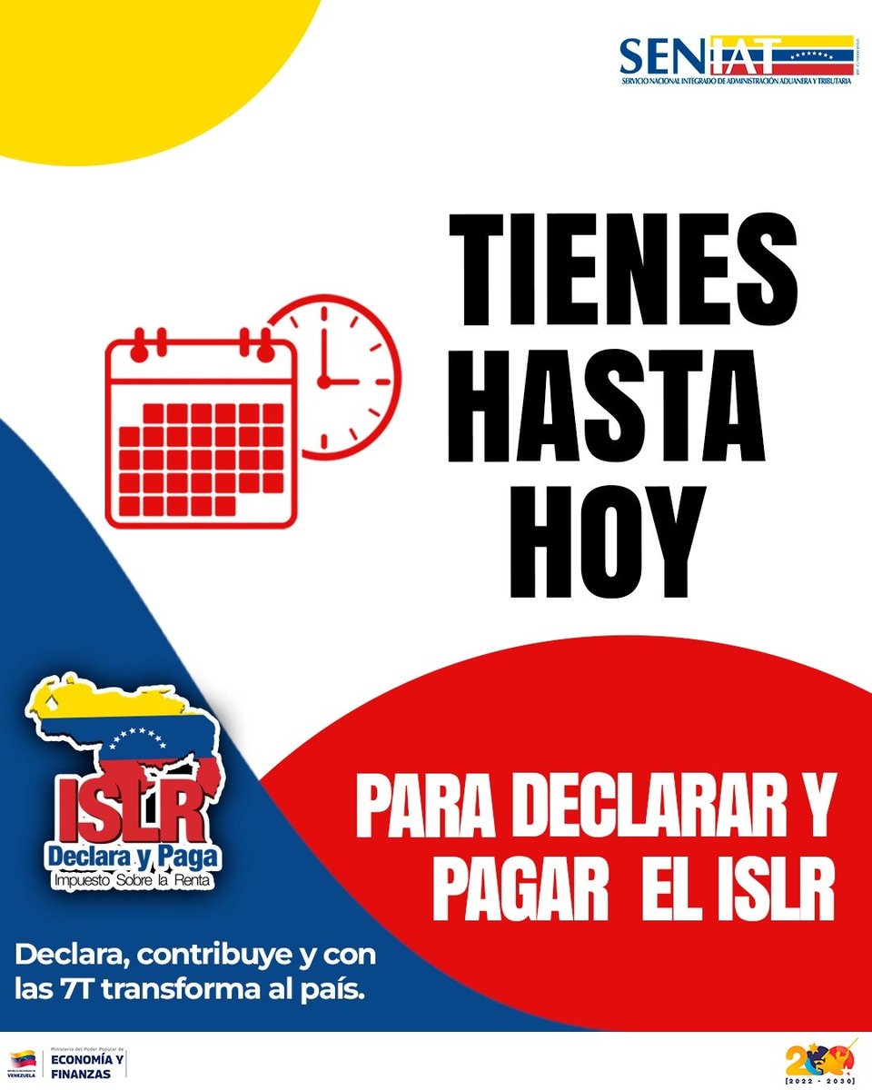 ARvenceremos's tweet photo. Si aún no has realizado tu declaración de Impuesto Sobre la Renta (ISLR) recuerda que hoy #31Mar vence el plazo.
El @SENIAT_Oficial se encuentra operativo en todas sus sedes a nivel nacional📌
¡Evita sanciones!
#Seniat
#Venezuela
#ISLR https://t.co/HfbDUn7FzS
