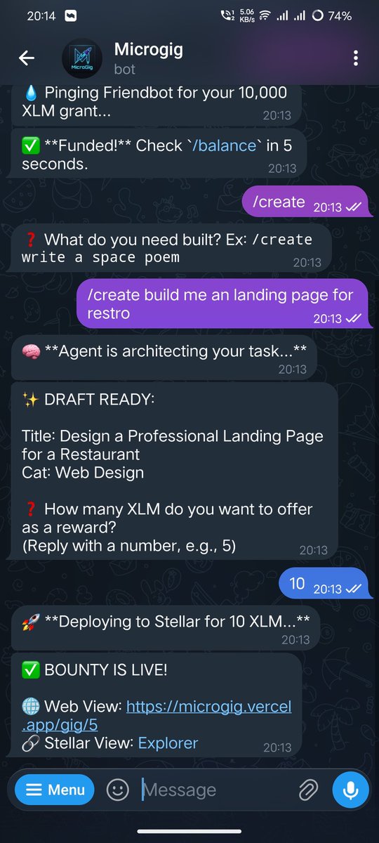 sumit_raikwar18's tweet photo. Hey! I use @microgig_bot built by @NikhilRaikwarr on @StellarOrg🔥

Create bounties directly via Telegram bot with simple AI commands 🤖 

Super easy nano-tasks on Stellar! 

#BuildOnStellar #Stellar https://t.co/Ey6r8hSzR7