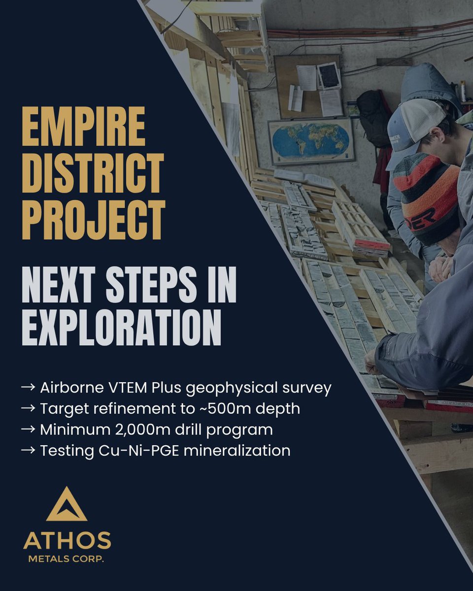 AthosMetals's tweet photo. Athos Metals is advancing exploration at the Empire District Project in Ontario.

Planned work includes airborne VTEM Plus geophysical surveys, target refinement at depth, and a follow-up drilling program designed to test Cu-Ni-PGE mineralization within the Empire District Project.