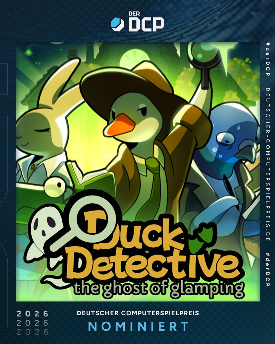 OMG Incredible news!!! We got nominated for 3 (!!!) categories for the German Game Awards (DCP)!  

Best Mobile Game, Best Audio for Duck Detective: The Ghost of Glamping and Studio of the Year

We're very honored and can't wait to travel to Munich 💚🦆  
#derDCP
