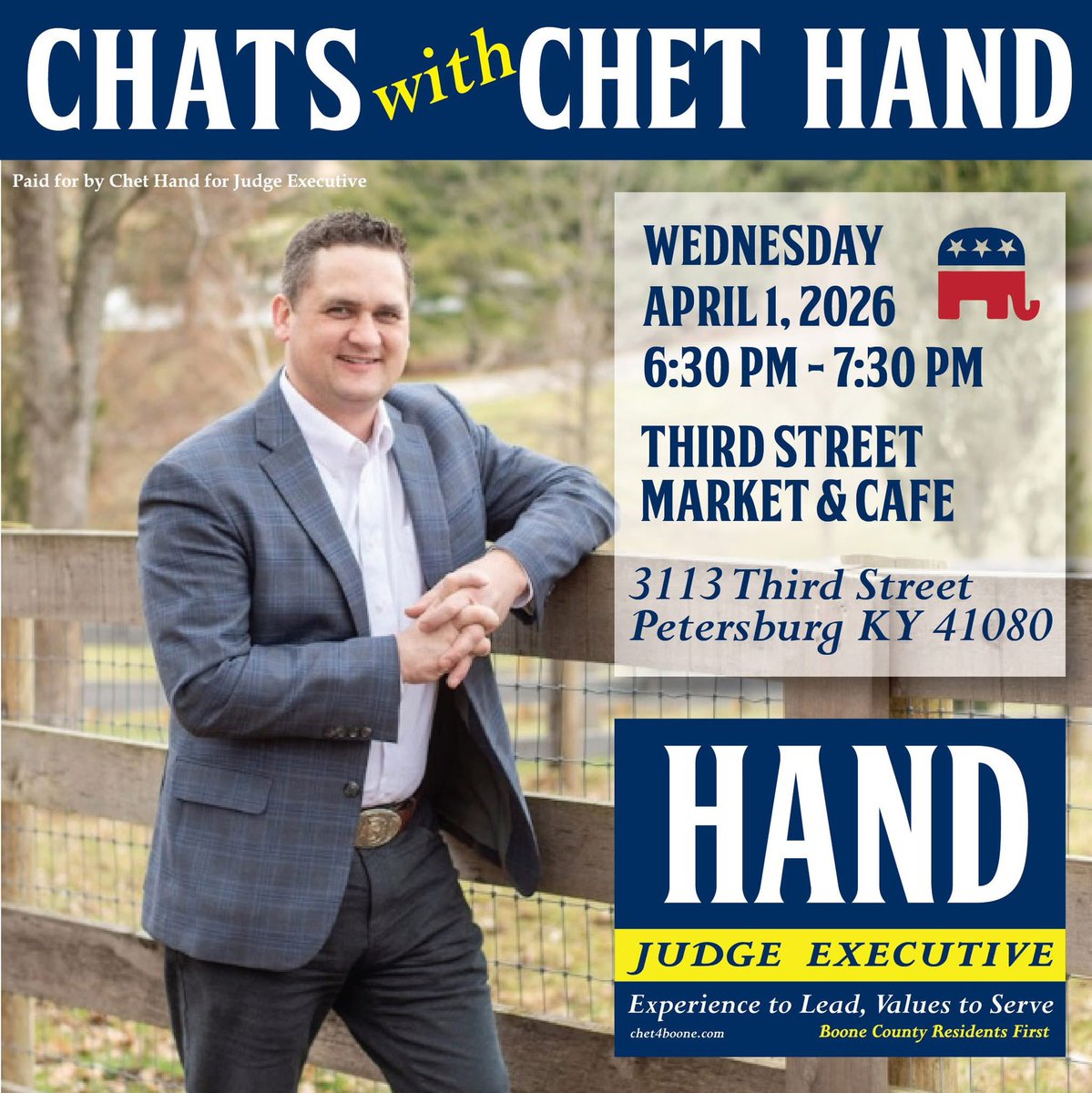chet_hand's tweet image. Come to our Chats with Chet event at Third Street Market &amp;amp; Cafe in Petersburg tomorrow and get to know your current County Commissioner and future Judge/Executive!

We are continuing a series of events and opportunities here IN BOONE COUNTY for residents to be able to ask