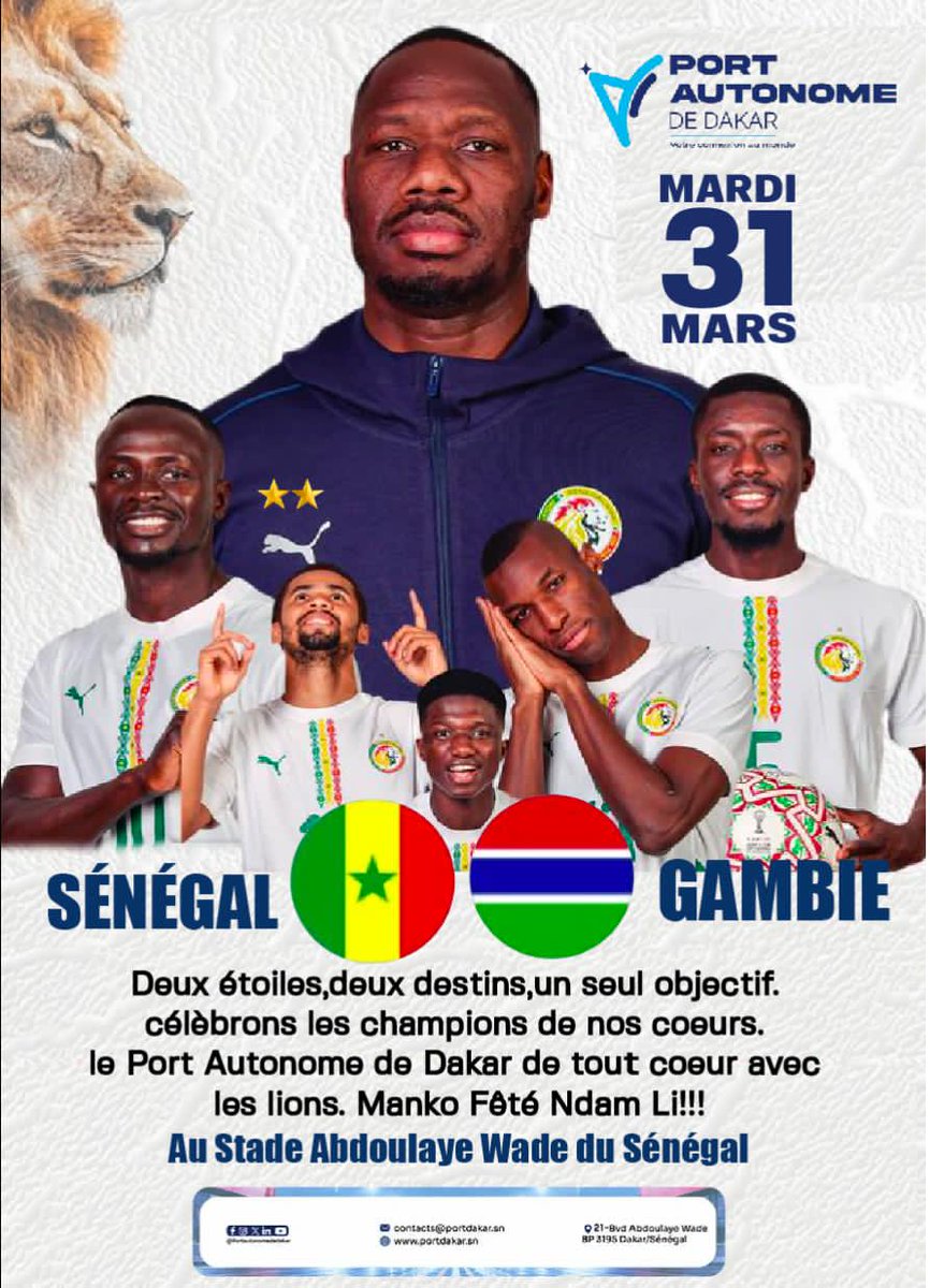 portdakar's tweet image. 🇸🇳 ,le Port Autonome de Dakar vibre au rythme de nos doubles champions d’Afrique !
 
Tous derrière l’équipe pour une victoire éclatante ! 🏆
Gambia tay ma raye laa !

🙌 Laissez un “🇸🇳” en commentaire pour soutenir les Lions !

#AllezLesLions #Senegal #PAD #TeamSenegal