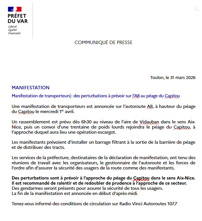 Image de Préfet du Var - #Manifestation | 🔴Ce mercredi 1er avril, une manifestation de transporteurs est annoncée au péage d