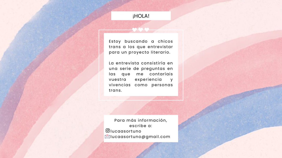 ¡Feliz día de la visibilidad trans! No lo puse por aquí en su día, pero estoy buscando a chicos trans para un proyecto literario. Si eres/conoces a un chico trans que me quiera ayudar, escríbeme al correo o por ig 🏳️‍⚧️