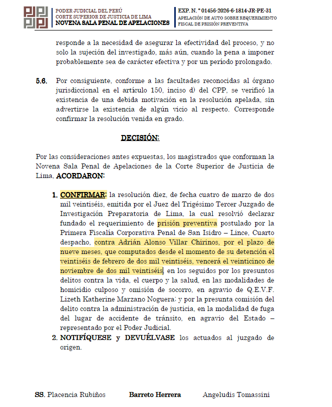 CarlosCaroCoria's tweet photo. 🔴 Caso Adrián Villar/Lizeth Marzano. La Novena Sala de Apelaciones confirmó el mandato de prisión preventiva por 9 meses. 

Para el tribunal, la potencial pena supera los 5 años de cárcel, pero principalmente existe peligro de fuga (arraigo relativo) y de obstaculización de la actividad procesal. 

Adrián Villar estará detenido hasta el 25.11.26. Tiene dos caminos, el recurso de casación (puede demorar más de 1 año, antes se cumplirían los 9 meses) o el habeas corpus contra la decisión judicial.