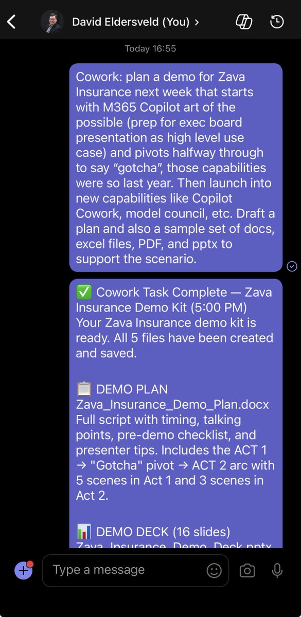 dataveld's tweet image. #CopilotCowork on the go with mobile dispatch via Teams? Yes, that's possible. Setup a scheduled task and ask Cowork to check #MSTeams self-chat. Cowork picks up the chat on the next run and could have any outputs ready for you when you're back at your workstation. 
#Microsoft365