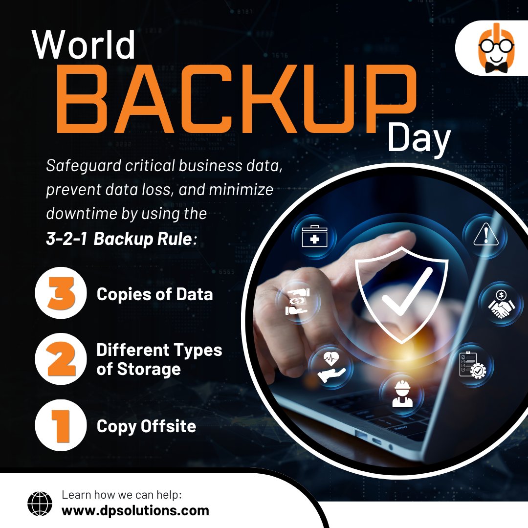dpsolutions_MD's tweet photo. March 31 is #WorldBackupDay!
Backups help prevent data loss, reduce downtime, and safeguard critical business data.
Today’s a great time to:
✔ Test your backups
✔ Follow the 3‑2‑1 rule
✔ Review your disaster recovery plans
Learn more: https://t.co/VrQr6nUchy https://t.co/1cqRJ8SWt4