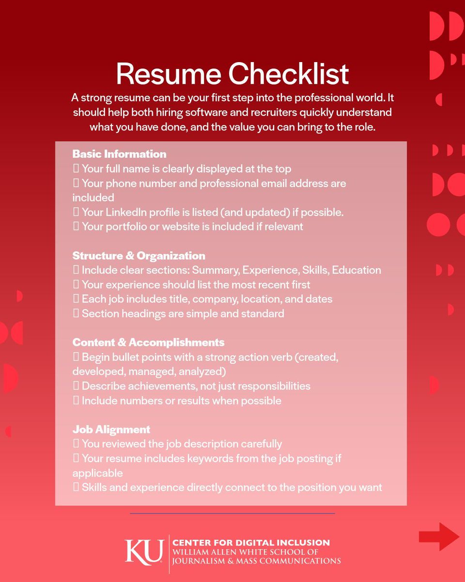ku_cdi's tweet photo. Ask yourself, could a recruiter see my valuable skills in under 10 seconds? If yes, you’re ready to submit. If not, this checklist can help you revamp your resume today!

#KUCDI https://t.co/KwwpuOSSJ8