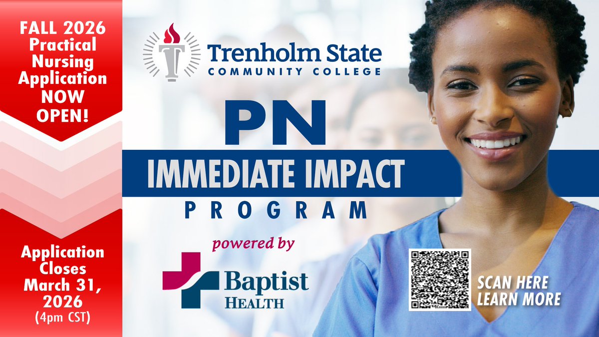 trenholm_state's tweet photo. 🚨 TODAY is the deadline! 🚨
Fall 2026 PN Immediate Impact Program applications close TODAY at 4 PM CST. Don’t miss your chance to start your journey in nursing—apply now before time runs out! #TSCC #FutureNurse #NursingProgram #HealthcareCareers https://t.co/J0Ap71mH6i