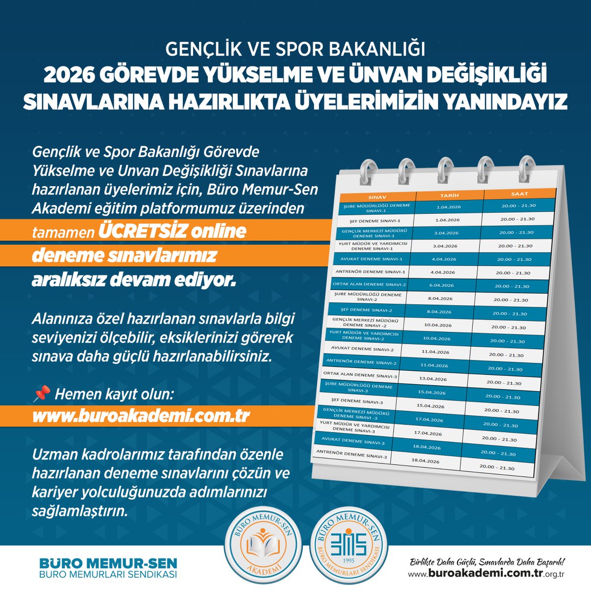 ÜYELERİMİZE YÖNELİK ÜCRETSİZ ONLİNE DENEME SINAVLARIMIZ DEVAM EDİYOR

Görevde Yükselme ve Unvan Değişikliği Sınavlarına hazırlanan üyelerimiz için, Büro Akademi Eğitim Platformumuz üzerinden ÜCRETSİZ ONLİNE DENEME SINAVLARIMIZ devam ediyor.

Alanınıza özel hazırlanan sınavlarla