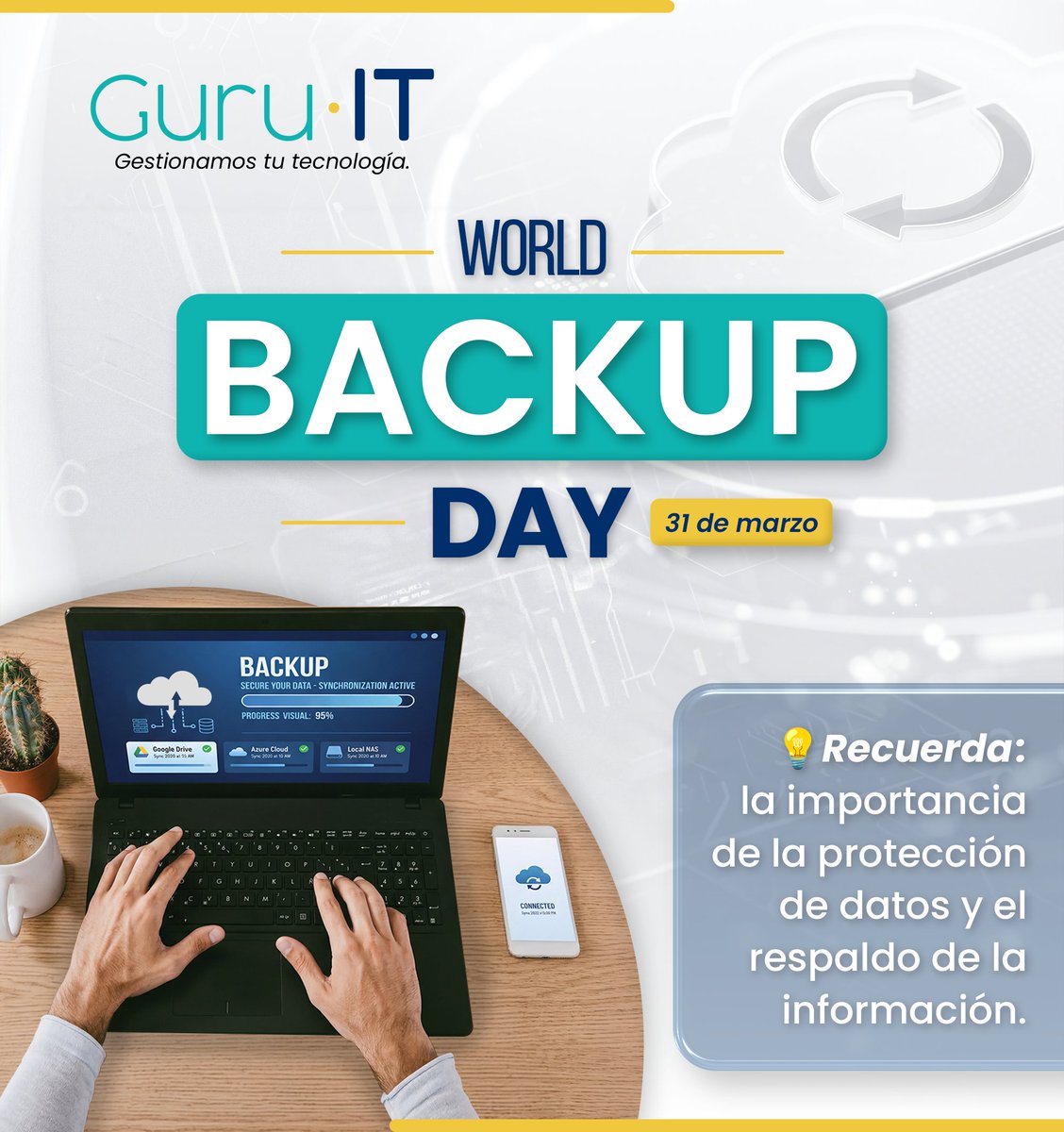 guruitlatam's tweet photo. World Backup Day 🖥️🔒
Promueve realizar copias de seguridad 💾 para evitar la pérdida de información 📂⚠️.

En Guru-IT protegemos los datos críticos de tu empresa 💻📊.
#GuruIT #GuruITlatam #InfórmateconGIT #DíaMundialDelBackup #BackupDay #Veeam #Acronis #Nakivo https://t.co/tM9cs5jfgi