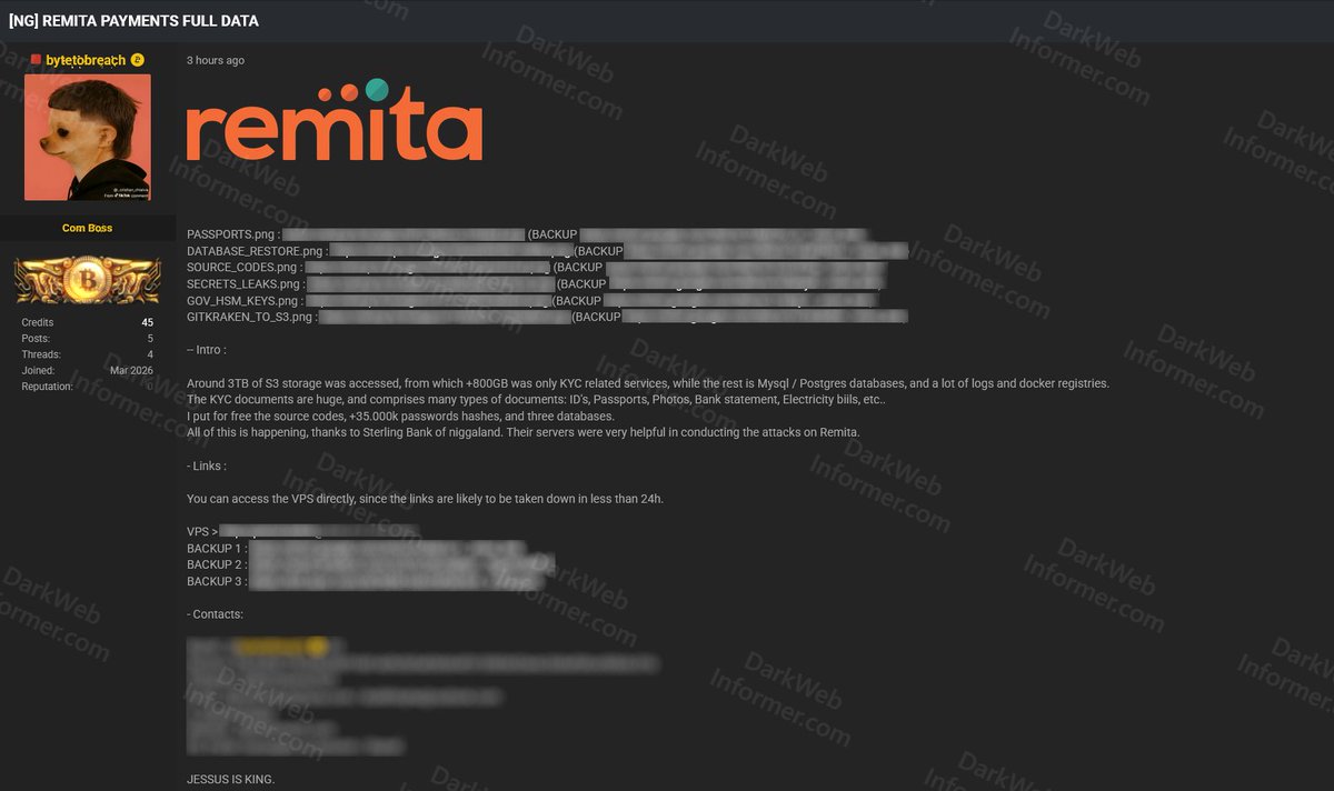 ‼️🇳🇬 A massive breach allegedly from Remita, a major Nigerian payment processing platform, has been leaked on a popular cybercrime forum.

▪️ Total Size: ~3TB of S3 storage
▪️ Data Includes: 800GB+ of KYC documents (IDs, passports, photos, bank statements, electricity bills),