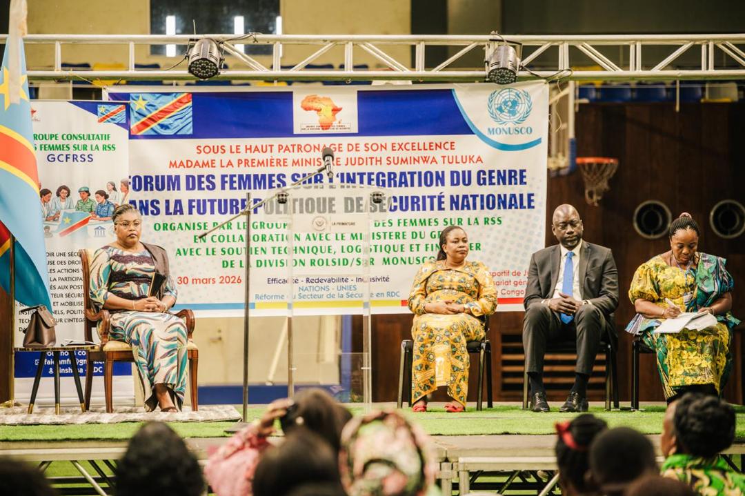MONUSCO's tweet image. On March 30 in Kinshasa, under the leadership of Prime Minister Judith Suminwa, the Women’s Forum on Gender Mainstreaming in Future National Security Policy was held, organized by the Women’s Advisory Group on #SSR. (1/3)