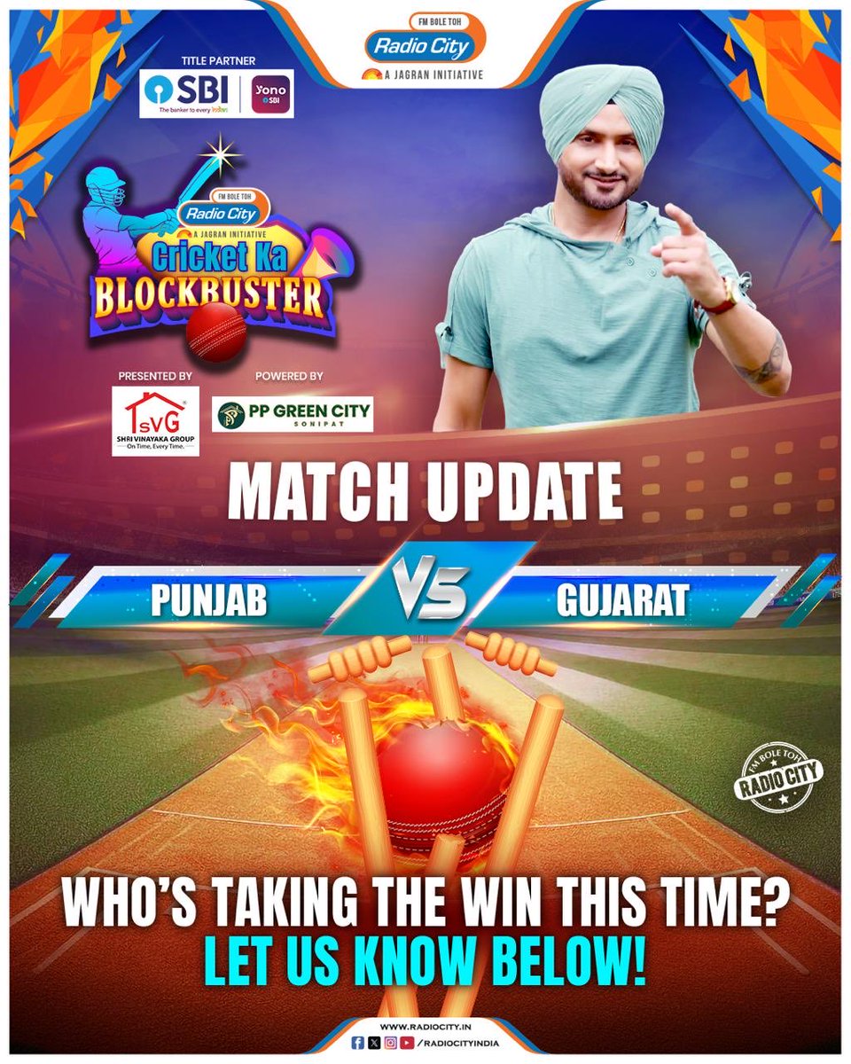 radiocityindia's tweet image. CricketKaBlockbuster is back!
Can you predict the winner of today’s match? 
 @TheOfficialSBI 

#StayTuned #RadioCityCricketKaBlockbuster #CKB2026 #CricketExtravaganza