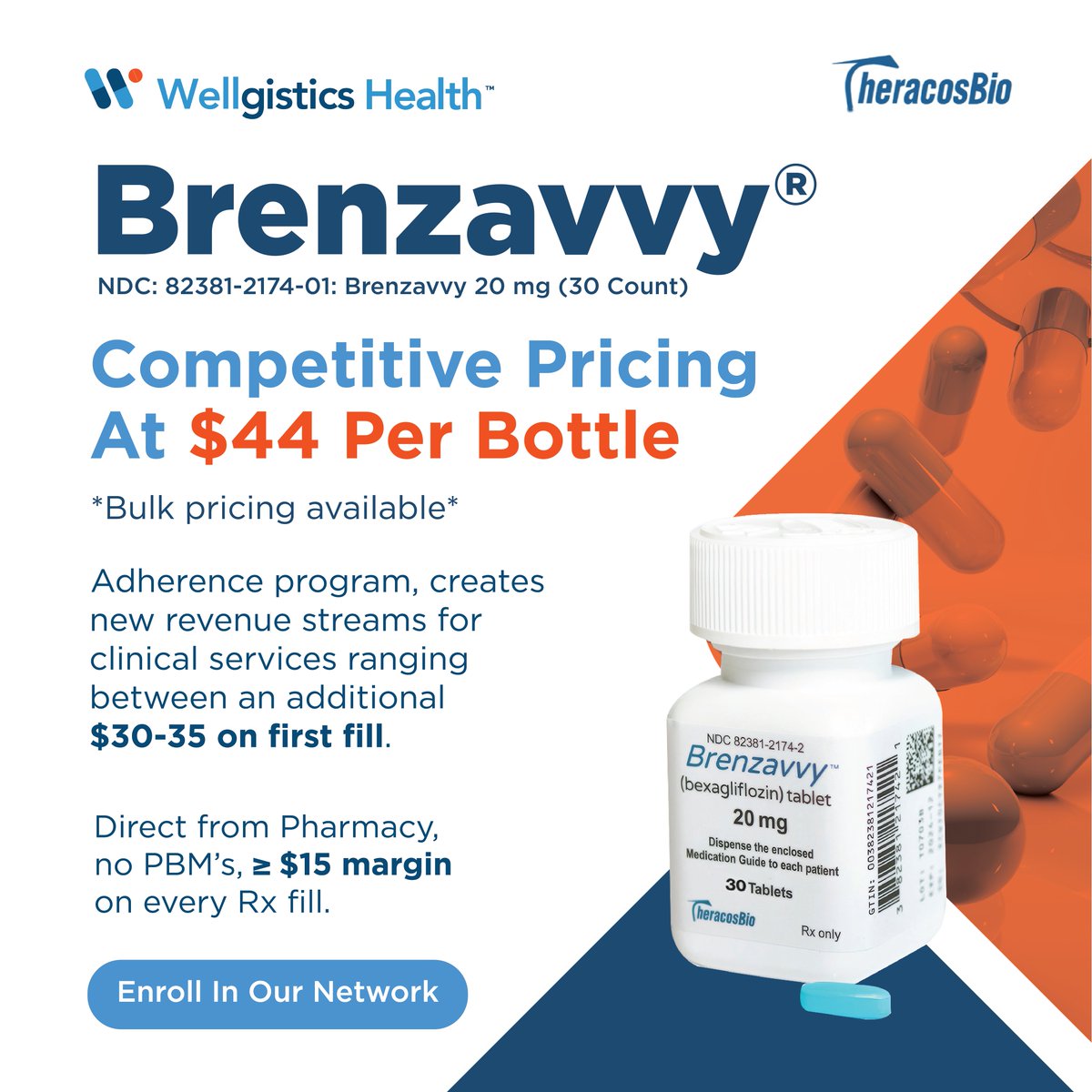 The Brenzavvy® Adherence Program helps pharmacies boost ROI with PBM-free pricing, guaranteed margins &amp; real-time and real-time performance-based payments. Contact sales@wellgistics.com to get started!
#PharmacyInnovation #HealthcareInnovation #PharmaSupplyChain #TheracosBio