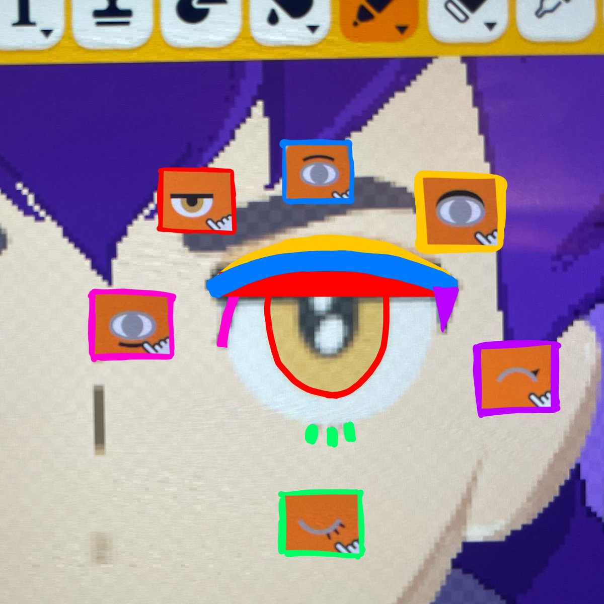 Bircho_miitopia's tweet photo. トモコレ版　ダンデの目の構成レシピです
鼻はチークパーツ、鼻筋と瞼の上の線はフェイスペイントで作成しています。
顎の髭も肌色のフェイスペイントで形を整えています。

使用パーツ一覧はツリーに https://t.co/4xOYEJJHG6