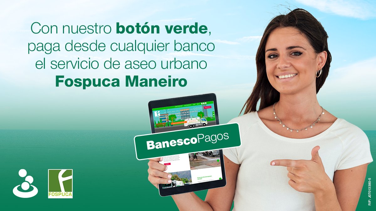 Banesco's tweet photo. ¡BanescoPagos te hace la vida fácil!
Sin importar el banco que tengas, paga tu servicio de aseo urbano en #Maneiro (Isla de Margarita) con nuestro botón verde en el portal web de #Fospuca
Visita https://t.co/d3rXrnWiFf y conoce más de #BanescoPagos
#BanescoContigo https://t.co/ymsvE2N8Eb