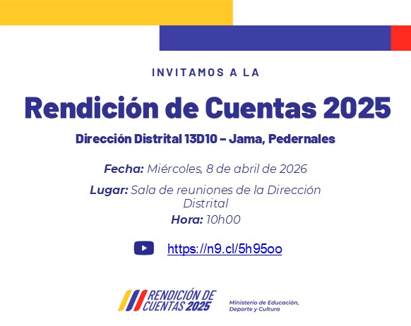 EducacionZ4_Ec's tweet photo. La Dirección Distrital 13D10-Jama, Pedernales convoca a la comunidad a participar en la Rendición de Cuentas 2025, un espacio de transparencia y responsabilidad institucional con la ciudadanía.      

➡️ https://t.co/HIpIVFddvH

¡Contamos con su presencia!     

 #ElNuevoEcuador https://t.co/MQN3tSzfgU
