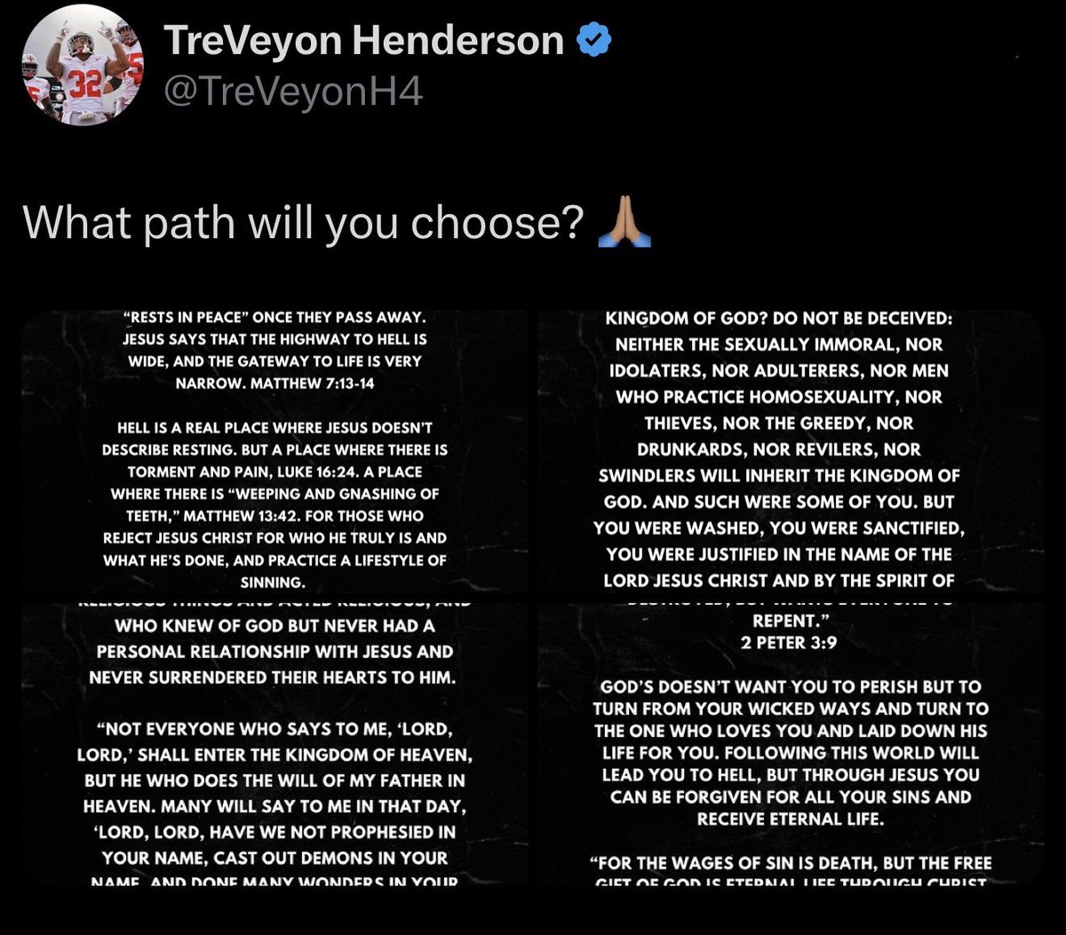 MLFootball's tweet image. 🚨JUST IN: #Patriots star running back TreVeyon Henderson discontinued to post supporting Jaden Ivey after he was released due to his anti-LGBTQ comments.

Henderson has posted Bible verses:

“Hell is a real place… where there is torment and pain… weeping and gnashing of teeth”