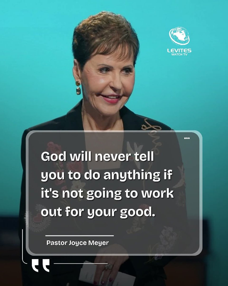 TevinMacharia's tweet photo. “God will never tell you to do anything if it's not going to work out for your good.” - Pastor Joyce Meyer

#joycemeyer https://t.co/Lpv7pzBxDR
