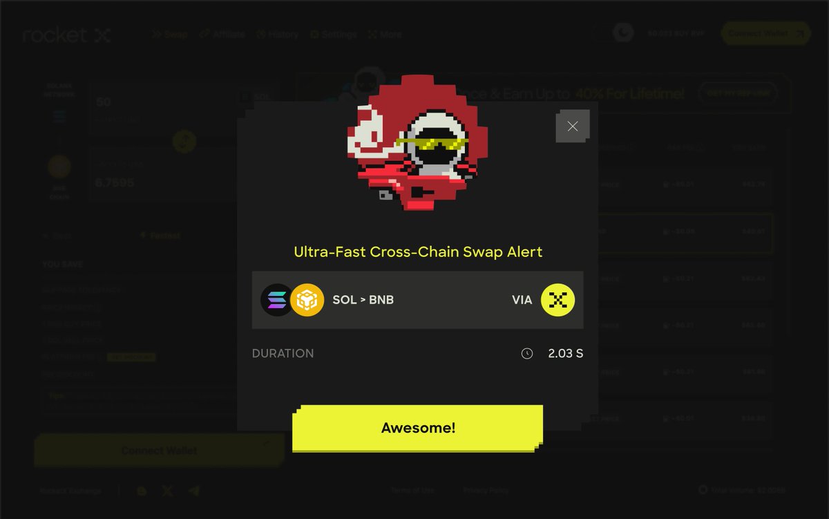 1/ ⚡️2  seconds. 

That’s all you need to bridge the gap with RocketX.

Make. The. FastestSwap. 🚀

One click. Fastest Quote guaranteed. 200+ chains at your fingertips. 

The future of DeFi is instant. 🤫