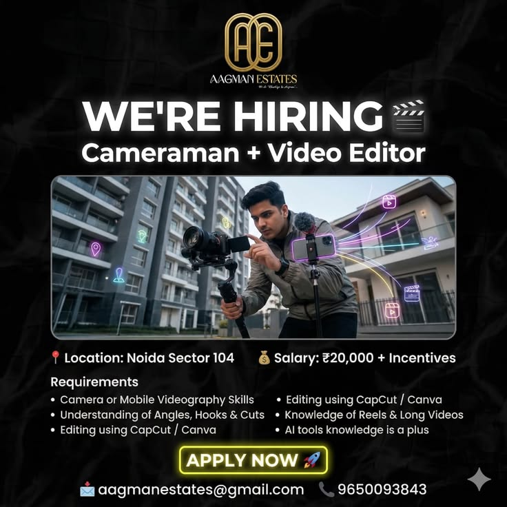 aagmanestates's tweet photo. Yes, AAGMAN is hiring Cameraman, Video Editor &amp; Content Writer for our Real Estate agency.
Interns-Freelancers are welcome to apply with prior experience as well it's just should be pure intentions to learn👍
#jobopenings #hiringalert #videoeditor #contentwriter #Noida https://t.co/591ovuRt6s