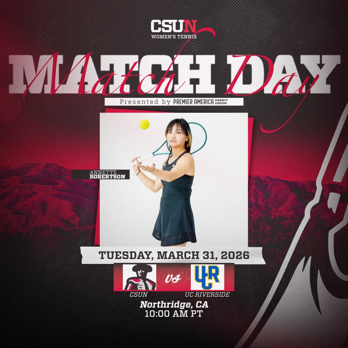 Big West Showdown. Matadors take on the Highlanders!
🆚 UC Riverside
⏰ 10:00 A.M.
📍 Matador Tennis Complex