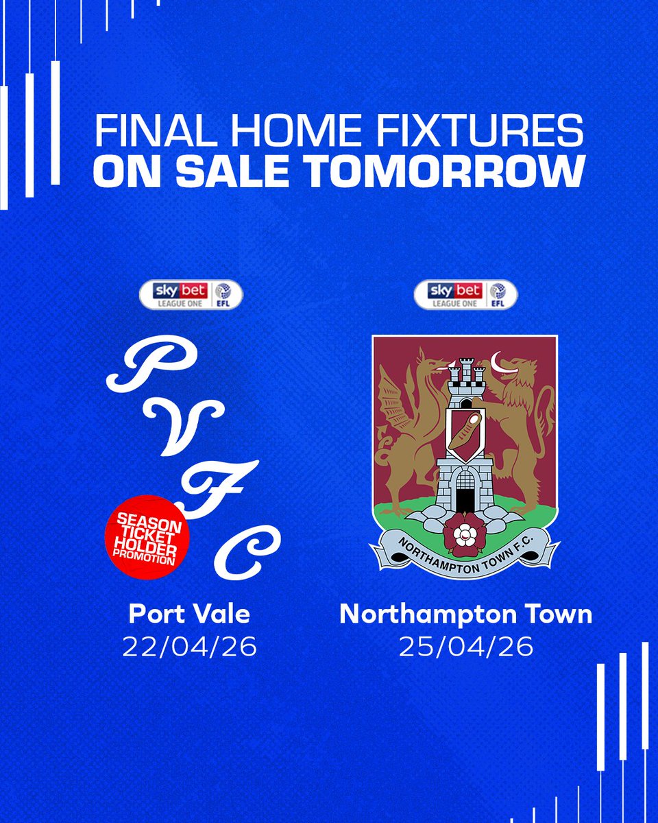Tickets for our final two home <a href="/SkyBetLeagueOne/">Sky Bet League One</a> fixtures of the season will go on sale at 10am tomorrow. 🎟️

Season Ticket holders can purchase extra Port Vale tickets for £5 each! General admission areas, max two tickets per ST holder.

ℹ️ 👉 bit.ly/4dqxWSZ

#CityAsOne