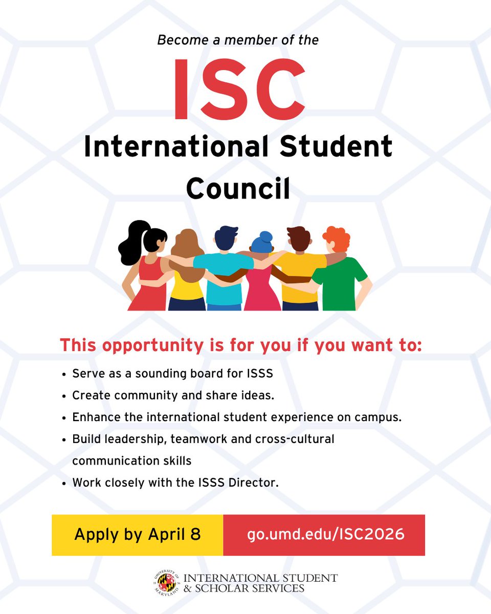 umdisss's tweet photo. The International Student Council (ISC) is seeking new members to represent and advocate for the international student community at UMD. International undergraduate and graduate Terps are encouraged to apply!

Apply by April 8: https://t.co/u16otfUmRL https://t.co/fG06edqUj7