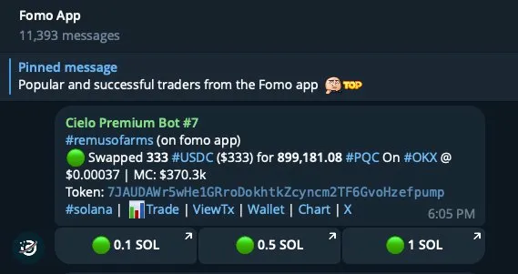 NEW ON CIELO

🤖 Buy buttons in group &amp; public channel alerts

Tap to buy from any swap notification where the Cielo bot is active.

Every buy button is ref-coded to whoever added the bot.

New users onboarded through your buttons = referral fees forever.