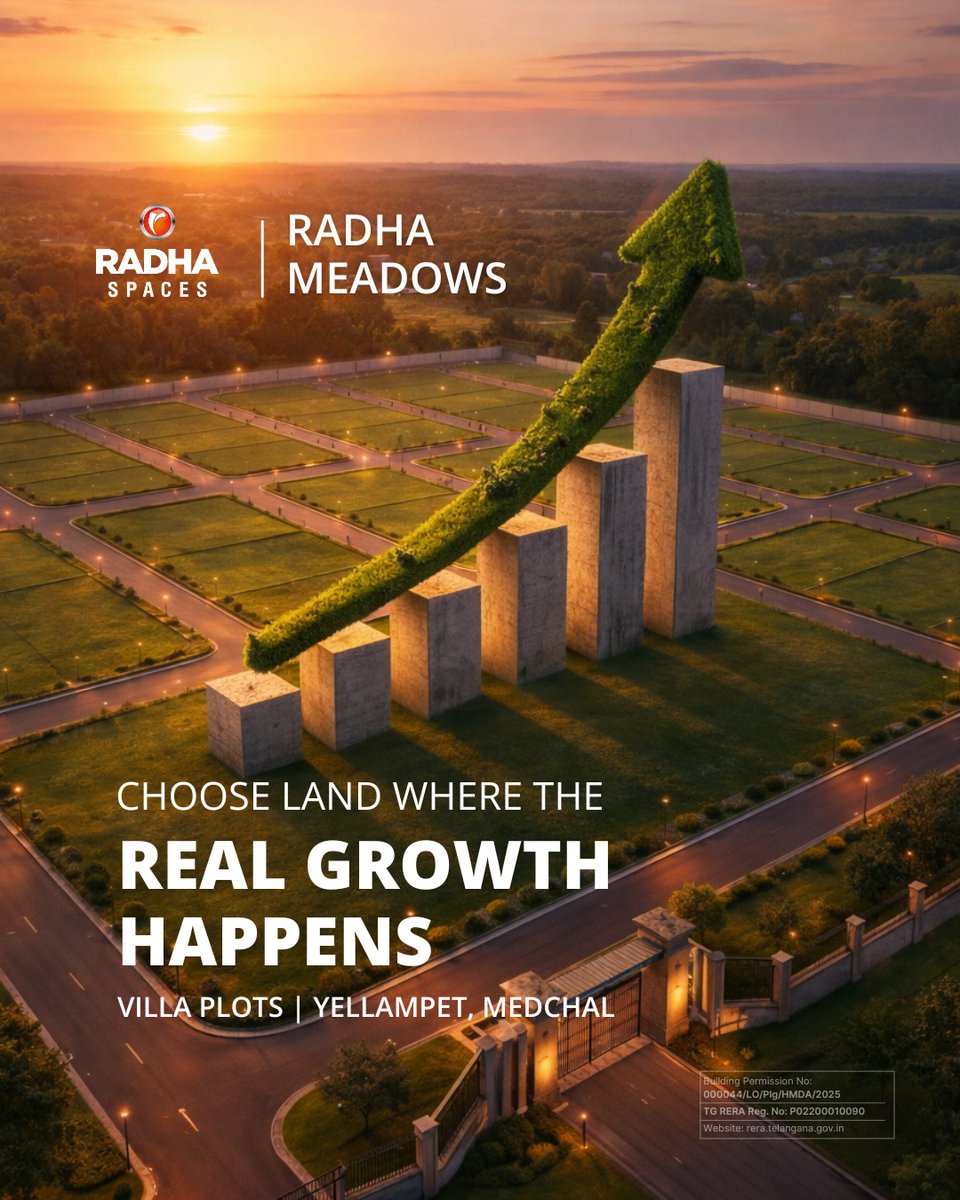 RadhaSpaces's tweet image. Not all land investments are equal, location defines everything. Yellampet’s strategic position between RRR and ORR turns geography itself into an appreciation multiplier, not speculation.
.
.
#RadhaMeadows #Yellampet #VillaPlots #StrategicLocation #SmartInvestment #RadhaSpaces