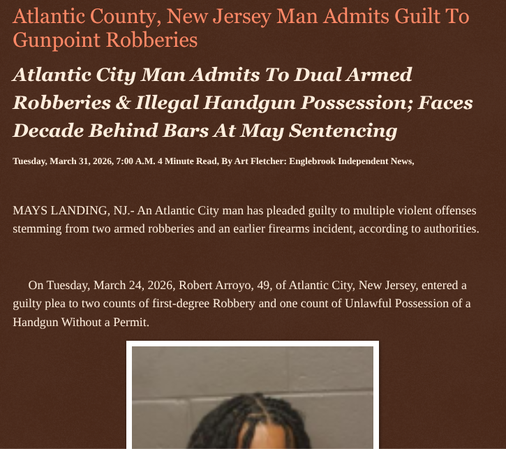 ArtFletcher9's tweet photo. Atlantic County, New Jersey Man Admits Guilt To Gunpoint Robberies https://t.co/1xYgkC8q4h via @Englebrooknews #NewJersey #CrimeNews #AtlanticCountyNJ #AtlanticCityNJ #guiltyplea #ArmedRobbery #Weapons #LiquorStore #Gunpoint #Robberies @wireless_step @HRG_Media @LodiNJNews @Fordmb1953 @SarahGeving1 @Shannon96574094 @Daytobehappy @janninereid1 @gator4kb18 @MichelleF_35 @TrumpWasRite2 @KathyKbrose @RobGerundo @JimBobW49