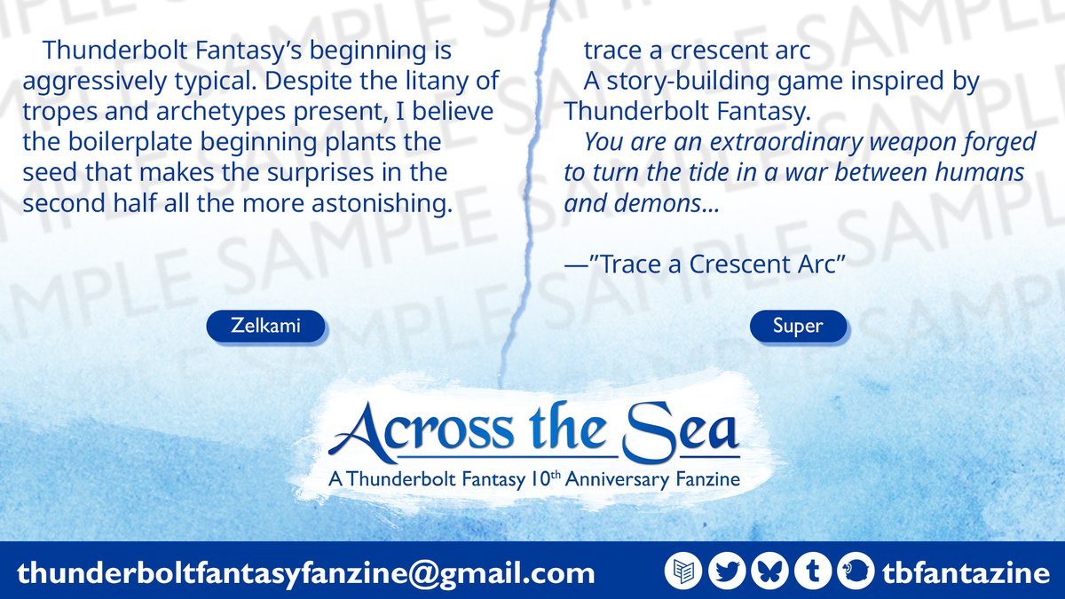 Today’s previews/今天的預覽/本日のプレビュー：

✨ Zelkami
✨ Super

Preorders open/預購開始/予約が開始しました！
tbfantazine.carrd.co/#preorder-en
tbfantazine.carrd.co/#preorder-zhtw
tbfantazine.carrd.co/#preorder-jp

#TBFantazine
#TBFantazine2026
#東離劍遊紀10周年同人合誌
#サンファン10周年記念同人アンソロジー