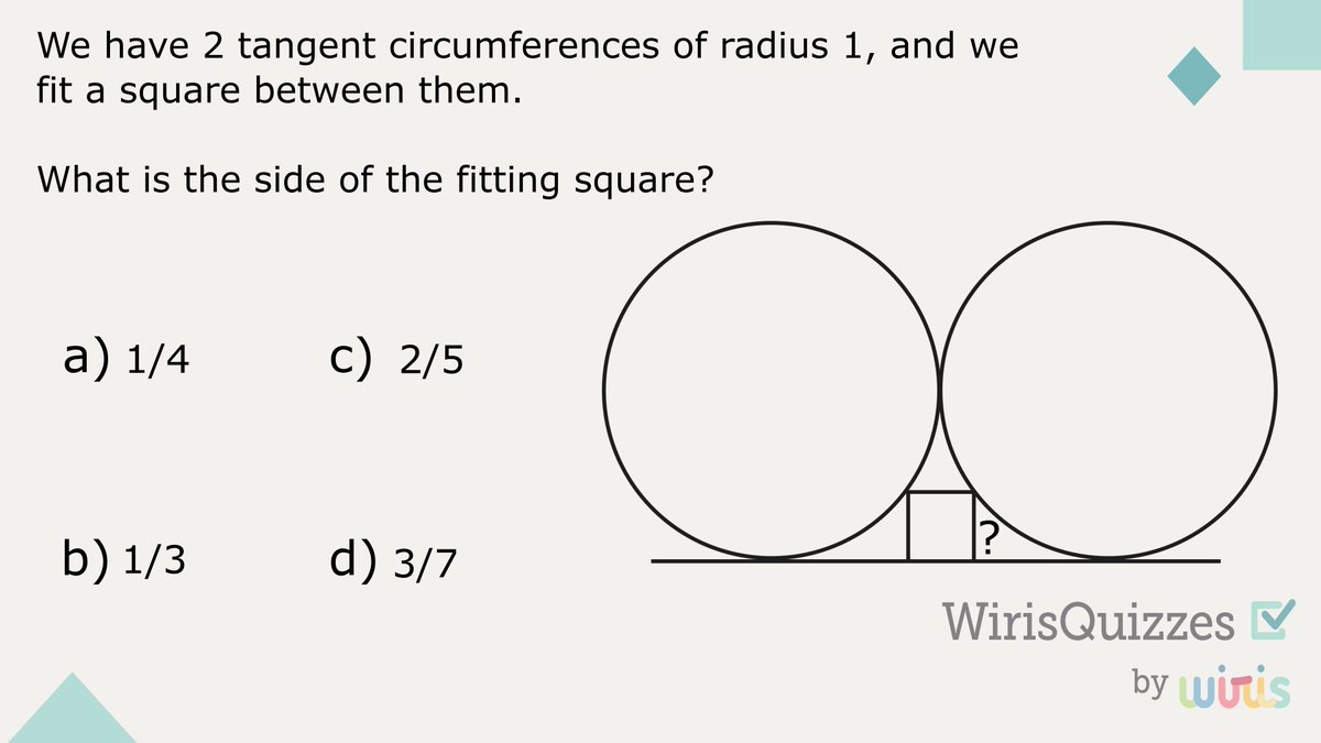 WirisQuizzes's tweet photo. Geometry challenge: two tangent circles of radius 1 with a square fitted between them. Can you find the side of the square?

Share your answer in the comments 👇

#Math #Geometry #MathPuzzle #STEM https://t.co/iAd0zR1LWq