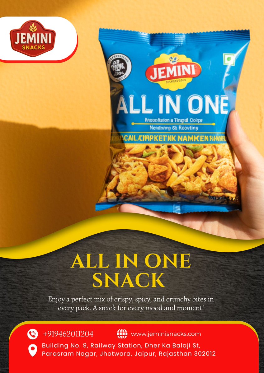 Jemini_001's tweet image. 🔥 ALL IN ONE SNACK – Har Bite Mein Full Taste! 🔥

😋 Snack bhi, mood bhi – dono perfect!
📞 Order Now: +91 9462011204
🌐 jeminisnacks.com
📍 Jaipur, Rajasthan
#JeminiSnacks #AllInOneSnack #NamkeenLovers #SnackTime #ChatpataTaste #IndianSnacks #TeaTimeSnack #JaipurBrand