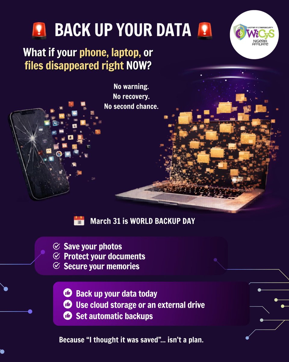 WicysNigeria's tweet image. 𝐖𝐡𝐚𝐭 𝐰𝐨𝐮𝐥𝐝 𝐲𝐨𝐮 𝐥𝐨𝐬𝐞 𝐢𝐟 𝐲𝐨𝐮𝐫 𝐝𝐞𝐯𝐢𝐜𝐞 𝐬𝐭𝐨𝐩𝐩𝐞𝐝 𝐰𝐨𝐫𝐤𝐢𝐧𝐠 𝐭𝐨𝐝𝐚𝐲?

Your photos?
Your work?
Important documents?

Sometimes we don’t think about backup… until something goes wrong.

#WorldBackupDay #BackupYourData #WiCyS #WiCyS