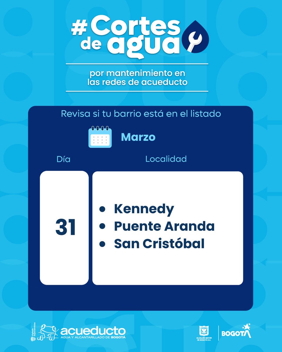 AcueductoBogota's tweet image. ⚠️¡Atención habitantes de #Kennedy, #PuenteAranda y #SanCristóbal!
Estos son los #CortesDeAgua programados para HOY martes 31 de marzo. 👇

⏰📍Consulta los barrios y horarios: acueducto.com.co/wps/portal/EAB…