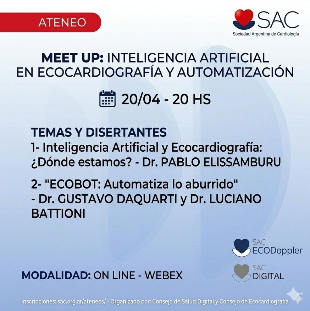 saluddigitalsac's tweet photo. 📢 En nuestro próximo #Meetup
Del #ConsejoSaludDigital @SAC_54 
Vamos hablar de #Ecocardiografia e #IA y #Automatizacion de Informes
     🗓 20 Abril   ⏰️20 hs

@pereagabrielo 
@consejoEcoSAC 
@pablommerlomd 
@pfelissamburu 
@SACJoven 
@filikinetico
@mashe1502
@NeivaMaciel_doc https://t.co/2mSrwnwzlS