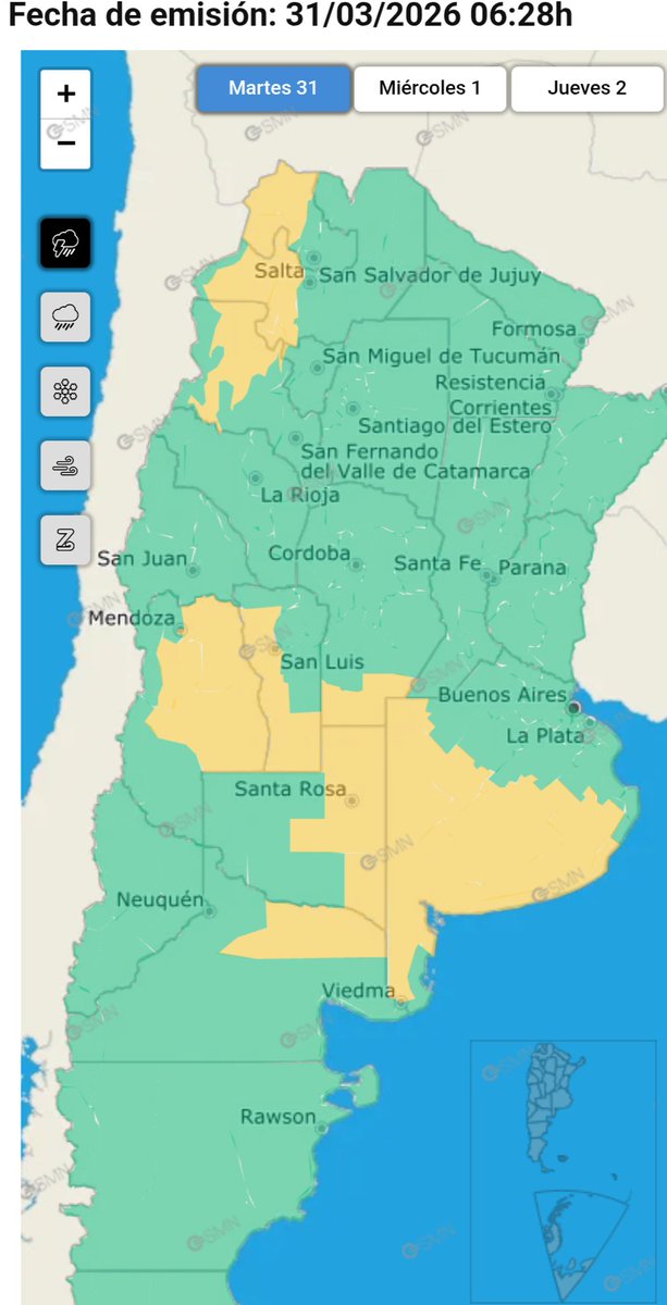 SMN_Argentina's tweet image. 31 MAR I ⚠️ #Alertas para hoy:

🥵 Temperaturas extremas:
#calor ⚠️
🟧Efecto moderado a alto en la salud
🟨Efecto leve a moderado en la salud

⛈️ #Tormenta
⚠️Lluvias intensas 
🟨20-65 mm con ráfagas ≥ 70 km/h 
🧊Granizo

🌧️ #Lluvia
🟨10-20 mm ➡️