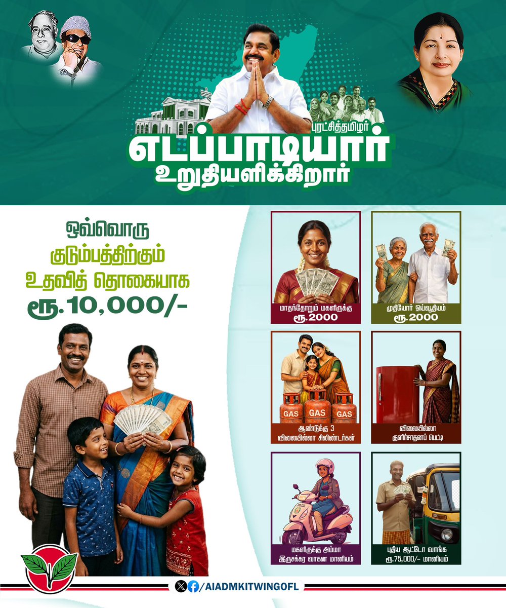 தமிழ்நாட்டின் ஒவ்வொரு தனிமனிதரின் தேவைகளை, வலிகளை உணர்ந்து, அவர்களின் எண்ணங்கள் அனைத்தையும் ஈடேற்றும் அடுத்த 5 ஆண்டிற்கான “பாதுகாப்பான தமிழகம்- 
பார்போற்றும் வளர்ச்சி”க்கான #அஇஅதிமுக_தேர்தல்அறிக்கை.

aiadmk.com/aiadmk-manifes…

மக்கள் நலமுடன் வாழ,
மகளிர் வாழ்வு உயர,
தமிழகம் செழித்து