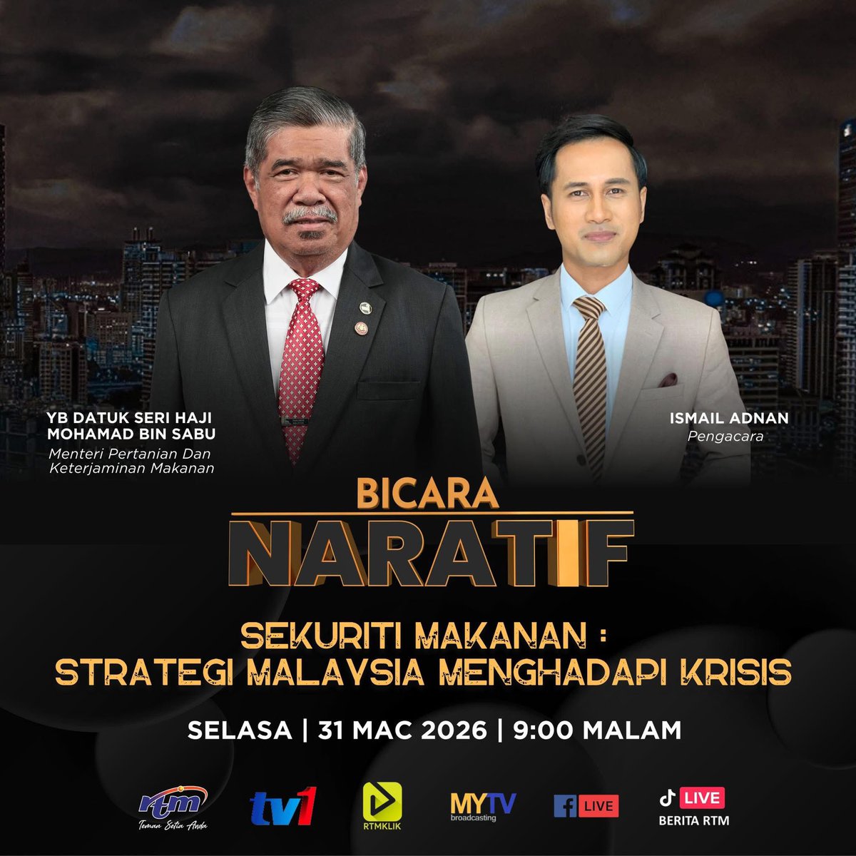 FamaPenang's tweet photo. 📺 𝐖𝐀𝐖𝐀𝐍𝐂𝐀𝐑𝐀 𝐄𝐊𝐒𝐊𝐋𝐔𝐒𝐈𝐅 𝐁𝐄𝐑𝐒𝐀𝐌𝐀 𝐌𝐄𝐍𝐓𝐄𝐑𝐈 𝐏𝐄𝐑𝐓𝐀𝐍𝐈𝐀𝐍 𝐃𝐀𝐍 𝐊𝐄𝐓𝐄𝐑𝐉𝐀𝐌𝐈𝐍𝐀𝐍 𝐌𝐀𝐊𝐀𝐍𝐀𝐍 📺 

Saksikan Bicara Naratif bersama Datuk Seri Haji Mohamad bin Sabu, Menteri Pertanian dan Keterjaminan Makanan yang akan membincangkan topik https://t.co/WOsggy3MJh