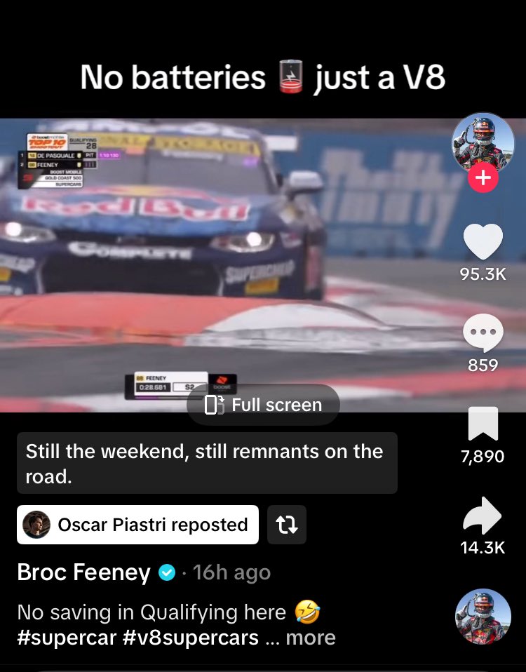 Hi F1/FIA, take the hint

Max driving a V8 GT3       Oscar reposting a V8 car