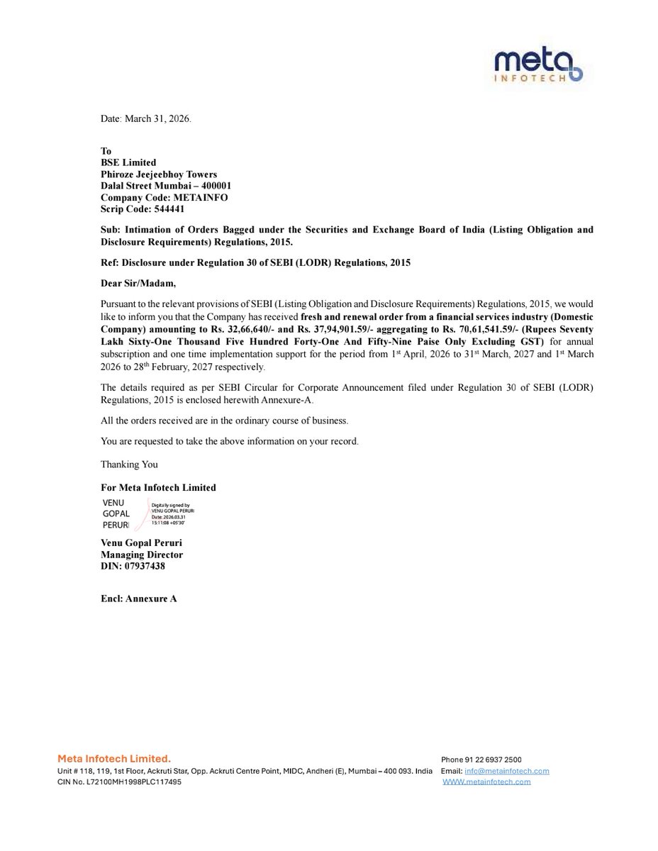 nileshkurhade's tweet photo. 📌 Meta Infotech Limited informed the exchange about fresh and renewal order received from a financial services industry (Domestic Company) amounting to ₹70,61,541.59/- for annual subscription and one time implementation support to be executed within 15 days. #SME #METAINFO 🚀📦 https://t.co/H2UtbTjIXk