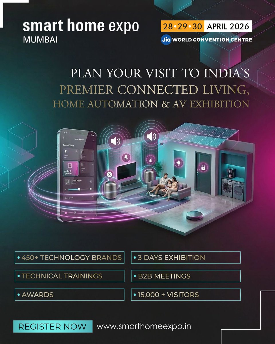 aceupdatemag's tweet image. Plan your visit to Smart Home Expo 2026, India’s premier exhibition for smart home tech, home automation &amp;amp; audio-video. Explore 450+ technology brands shaping connected living.

April 28-30, 2026
Jio World Convention Centre, Mumbai

Register: smarthomeexpo.short.gy/QBcJEc

#ACEUpdate