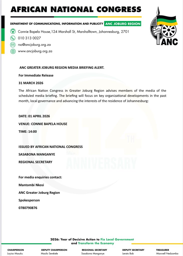 🔊 ANC Greater Joburg Region media briefing 

📅1 April 2026
🕰️ 14:00 
📍Connie Bapela House.

⚫️🟢🟡